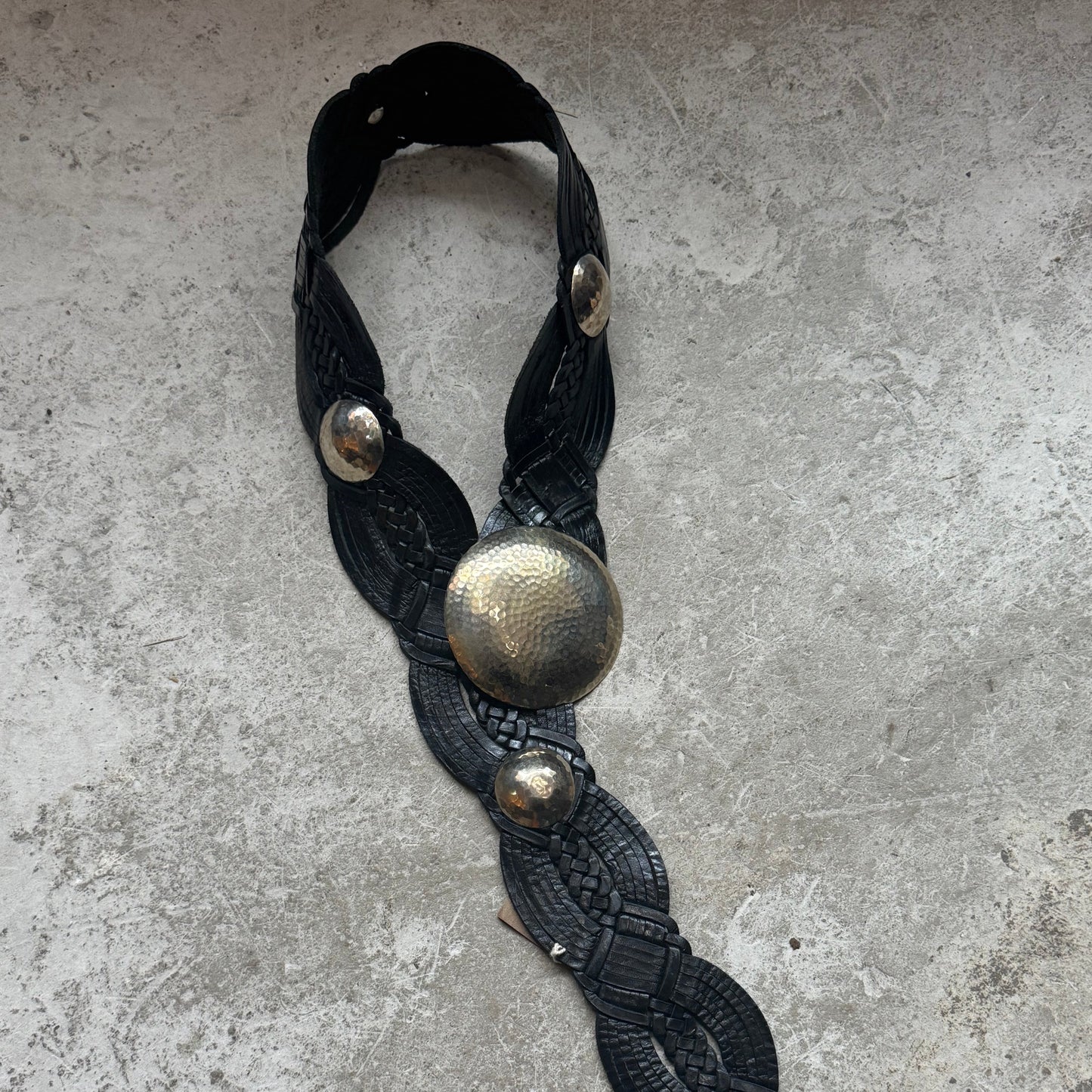 Black Boho Braided Leather Belt – Vintage Look, Silver Buckle