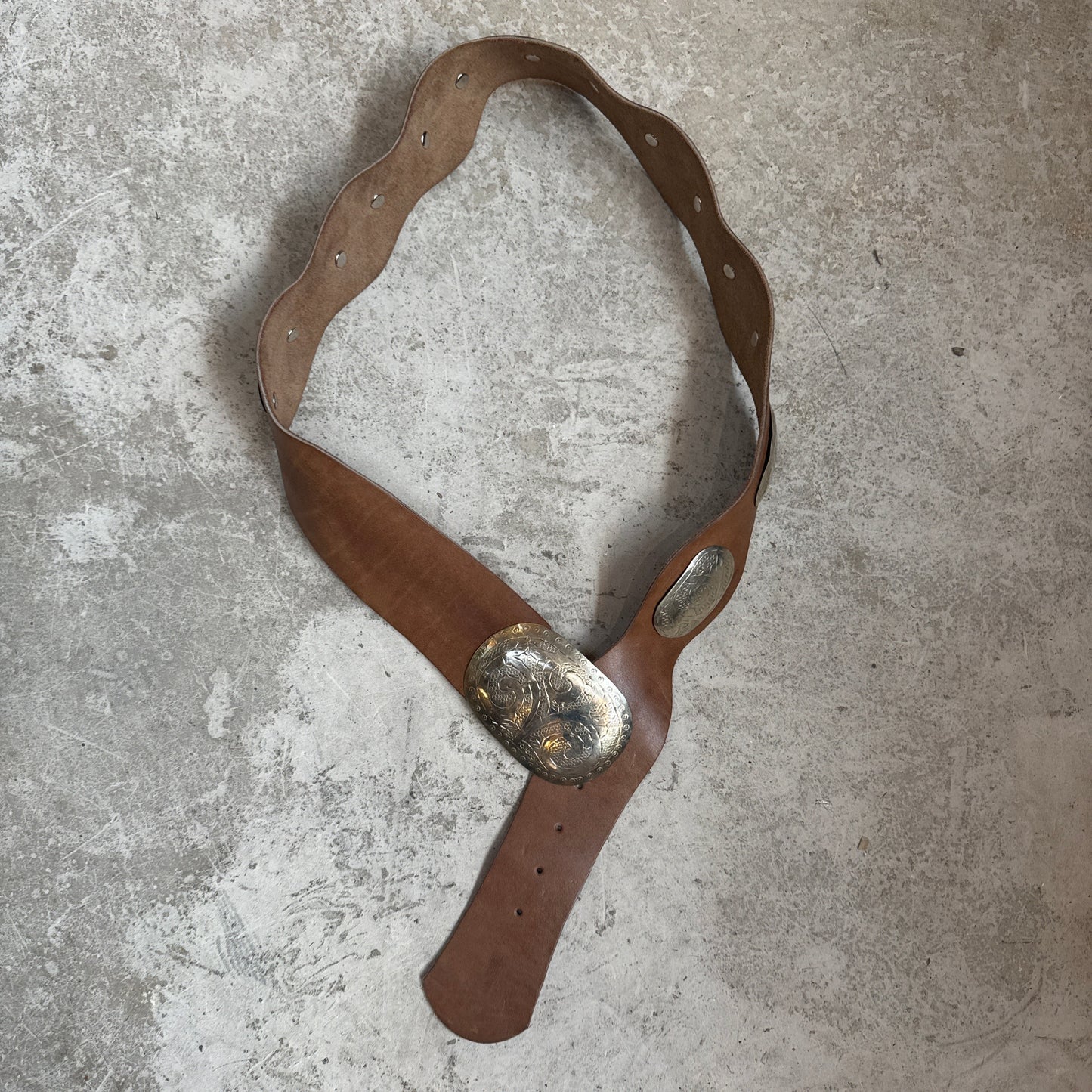 Boho Moroccan wave Leather Belt – light Brown with Silver Detailing