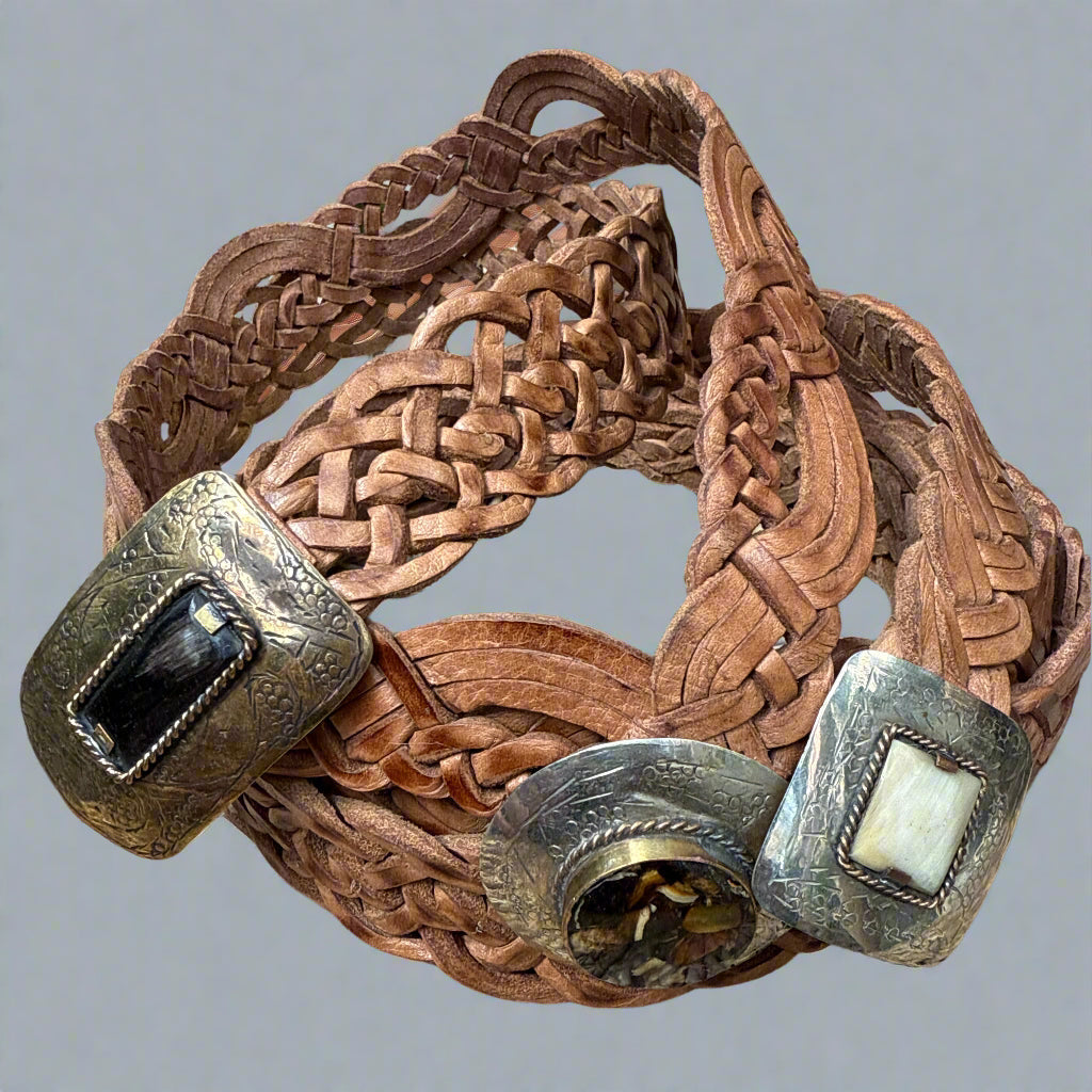Moroccan Braided Leather Belt – Tan with Decorative Buckle & Resin Detail