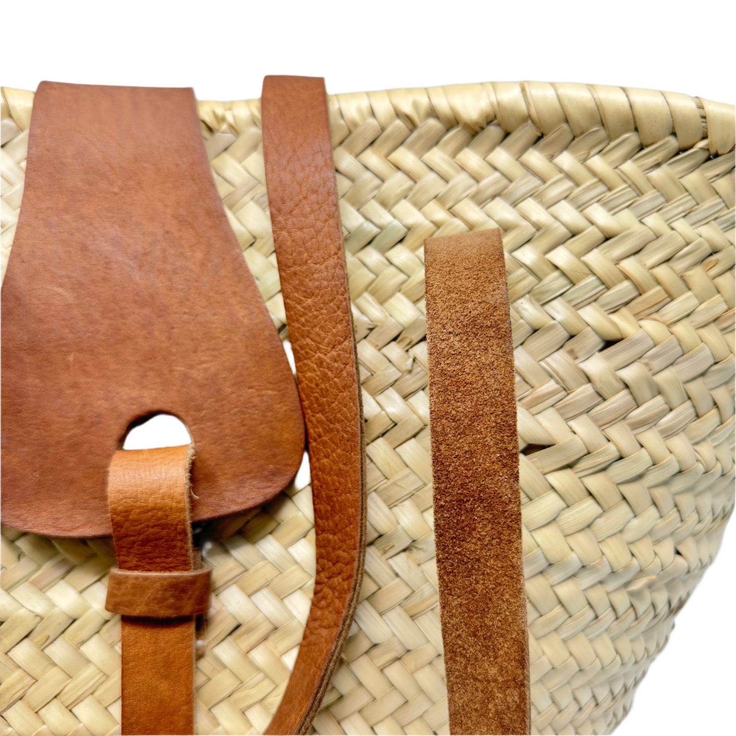 Handwoven Moroccan Palm Basket – Leather Straps & Loop Closure