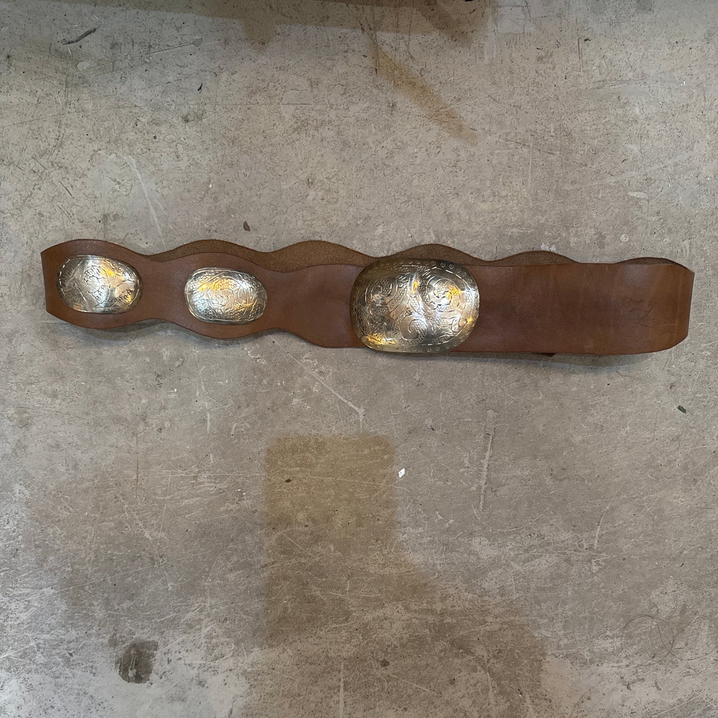 Boho Moroccan wave Leather Belt – light Brown with Silver Detailing