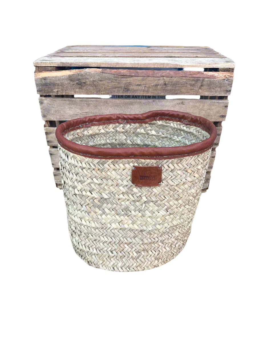Handwoven Palm Leaf Storage Basket with Handstitched Leather Trim – 30cm