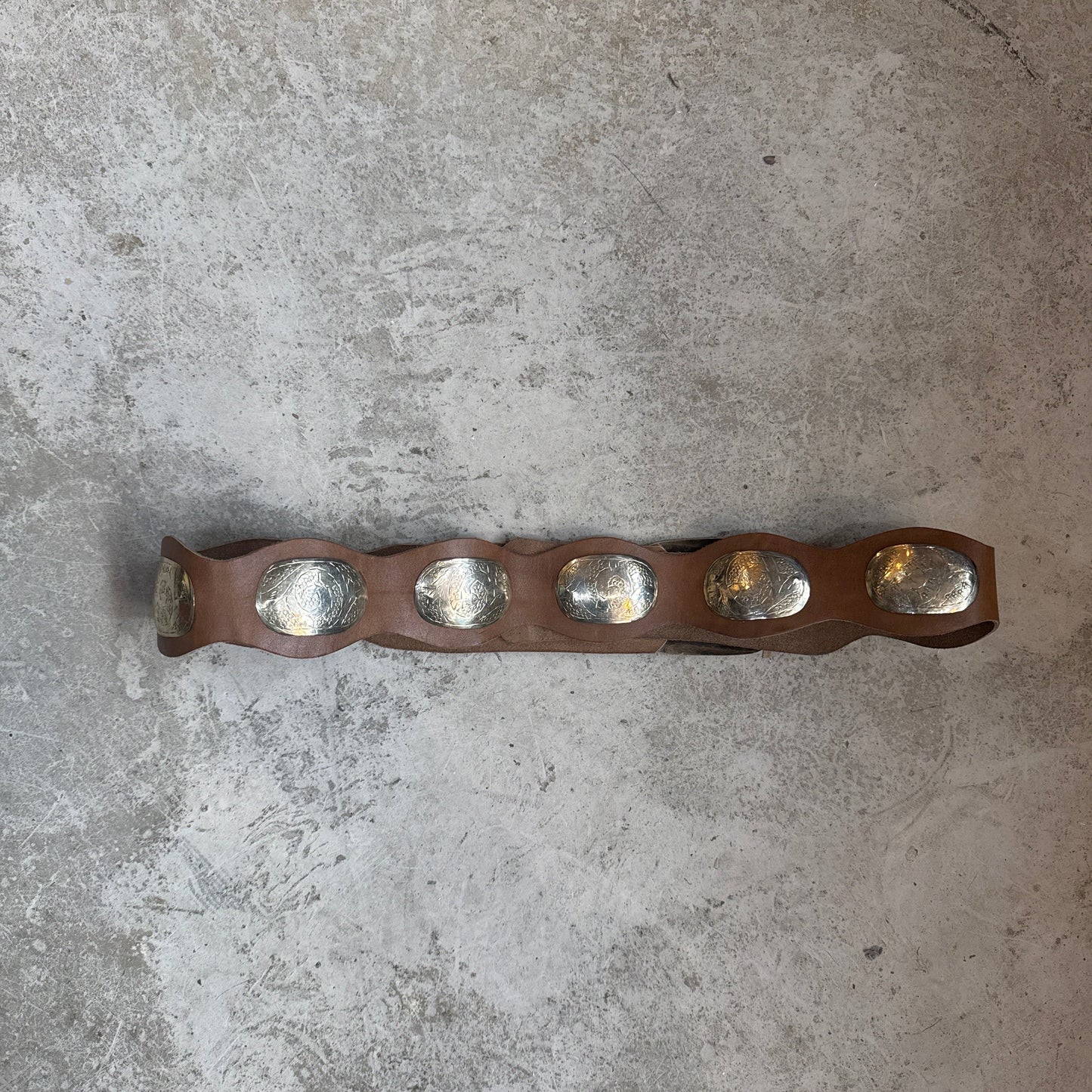 Boho Moroccan wave Leather Belt – light Brown with Silver Detailing