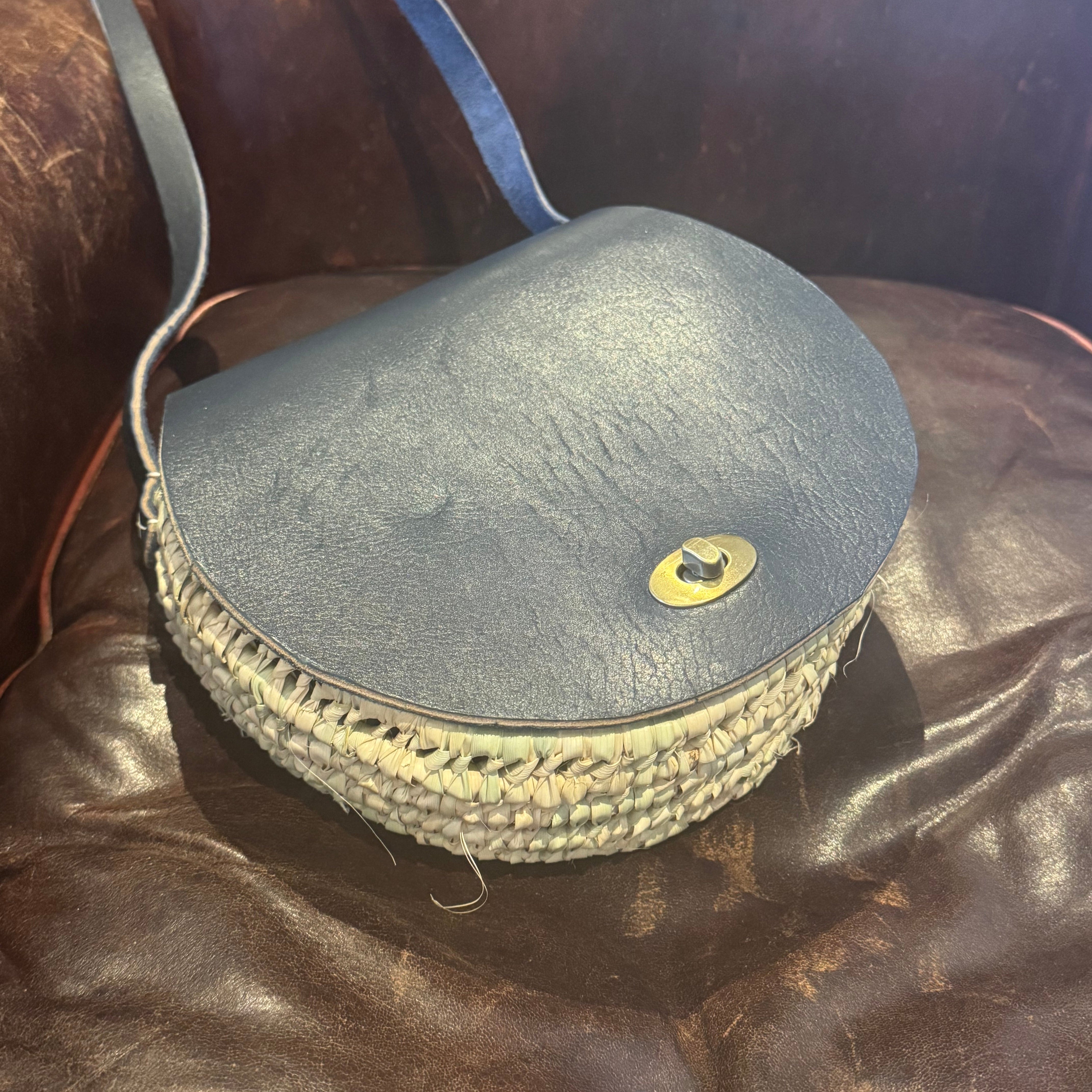 Handwoven Palm Leaves & Leather wicker Saddle Bag
