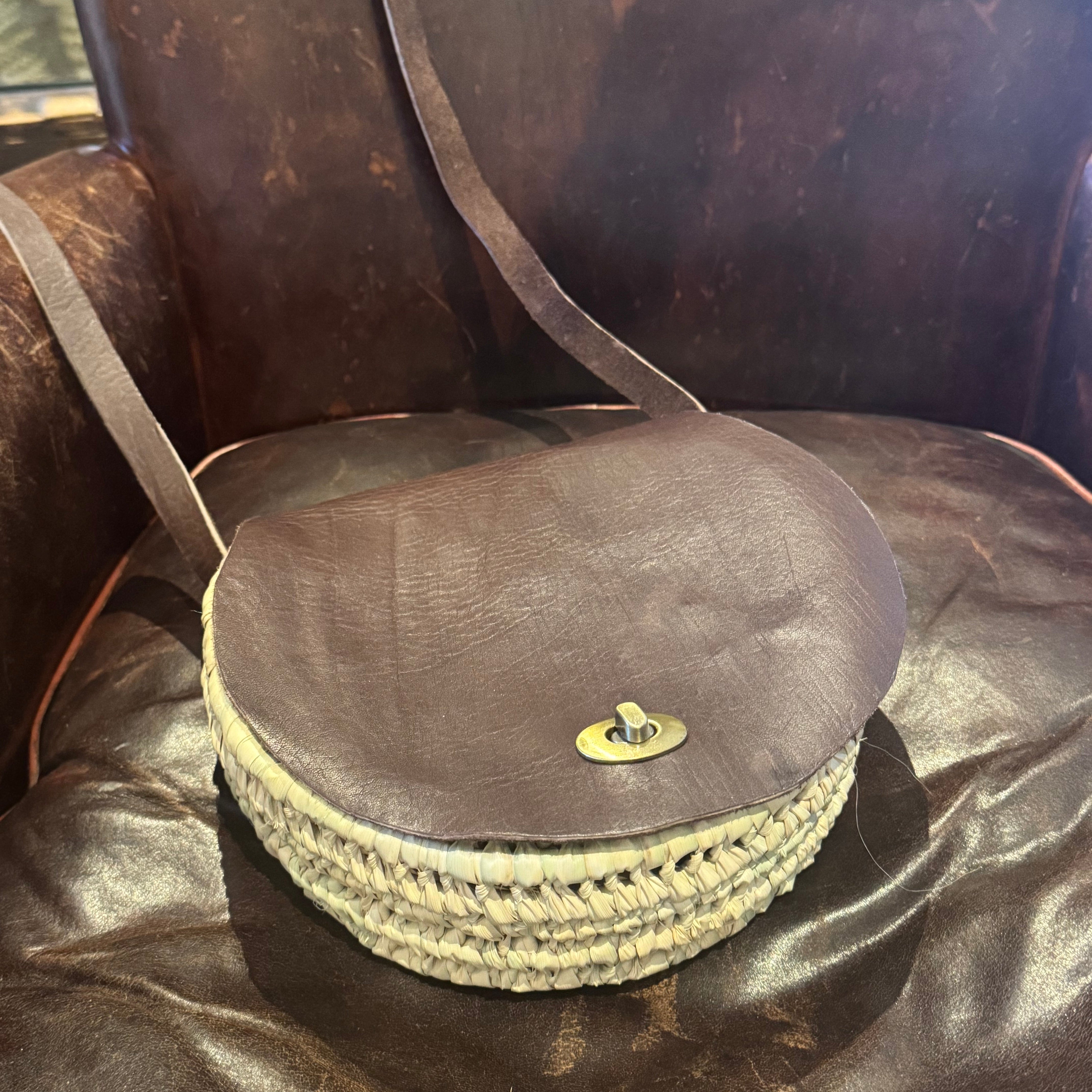 Handwoven Palm Leaves & Leather wicker Saddle Bag