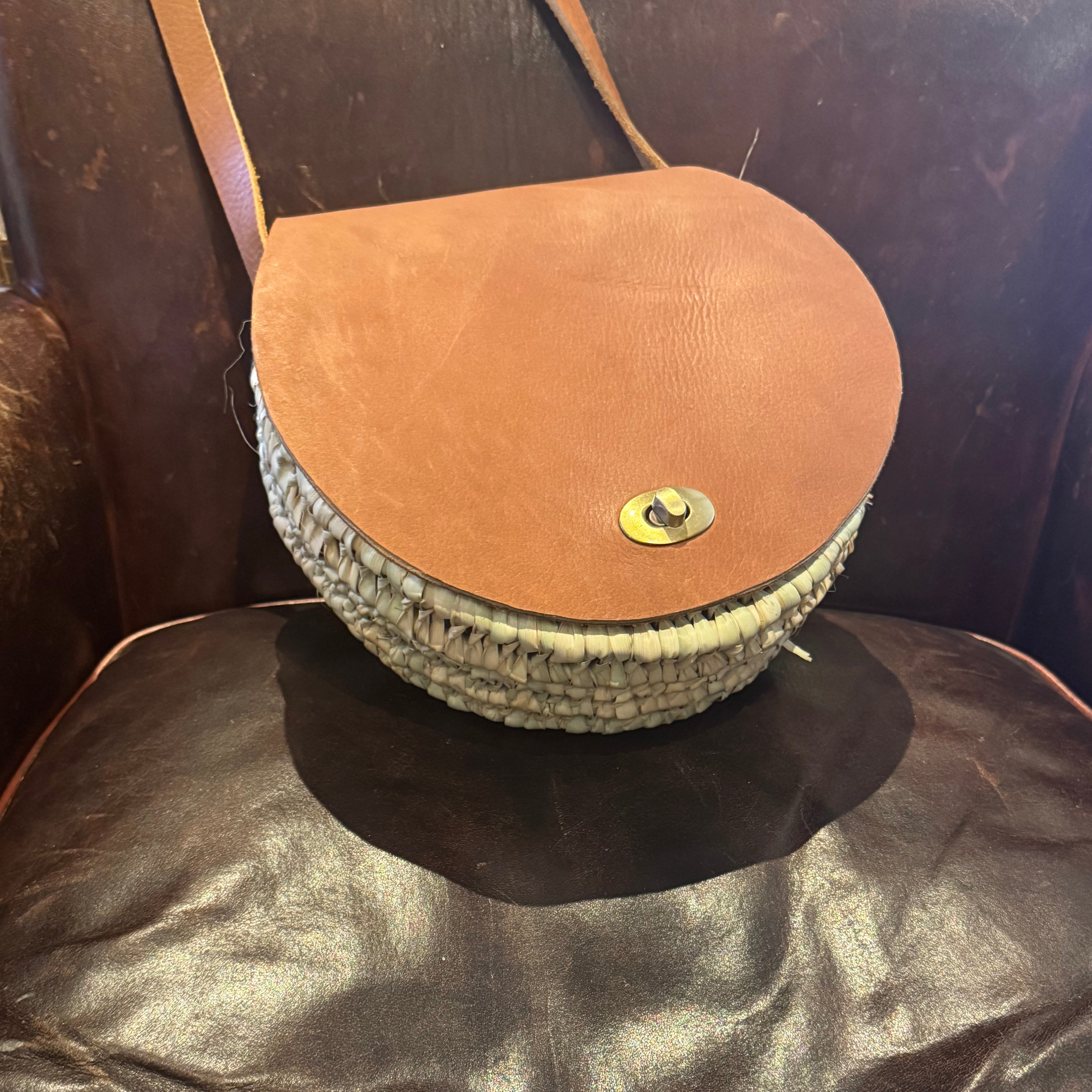Handwoven Palm Leaves & Leather wicker Saddle Bag