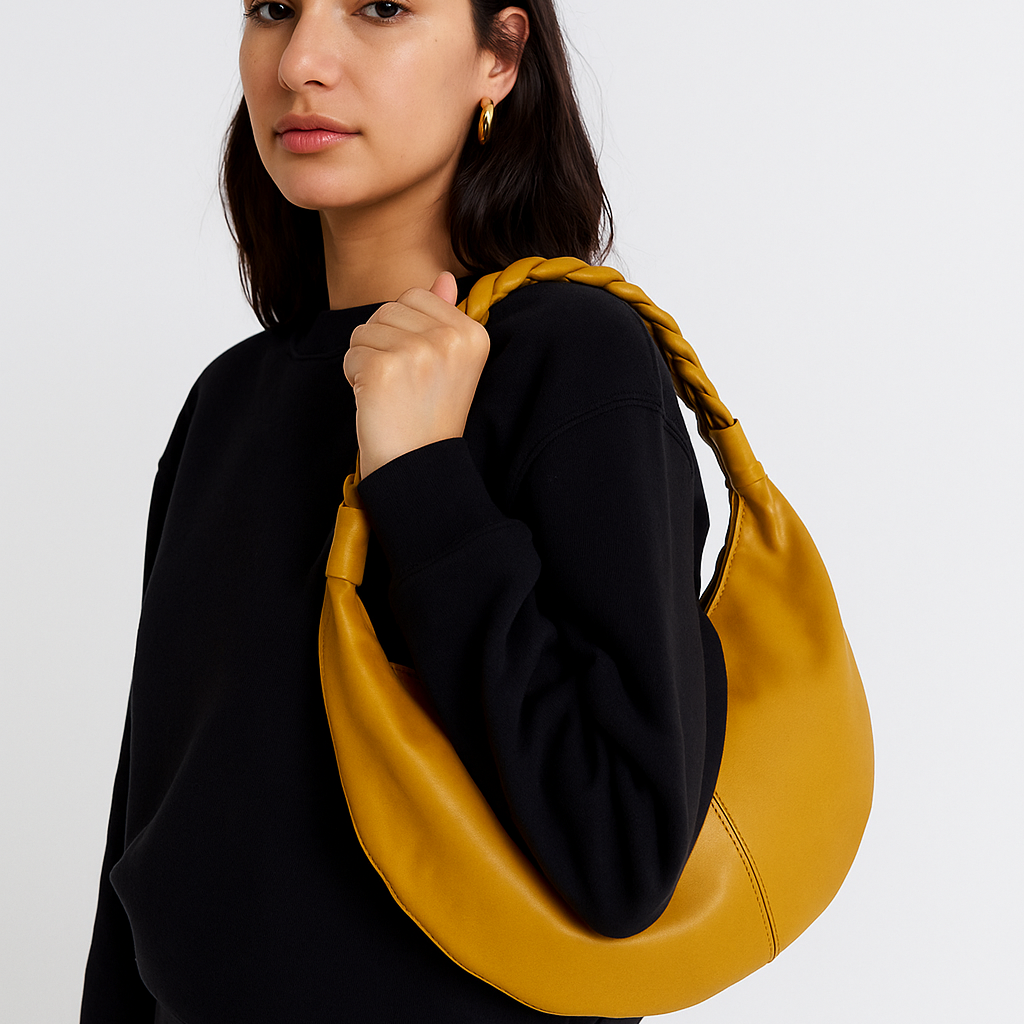 Yellow Half Moon Leather Shoulder Bag – Handmade with Braided Handle