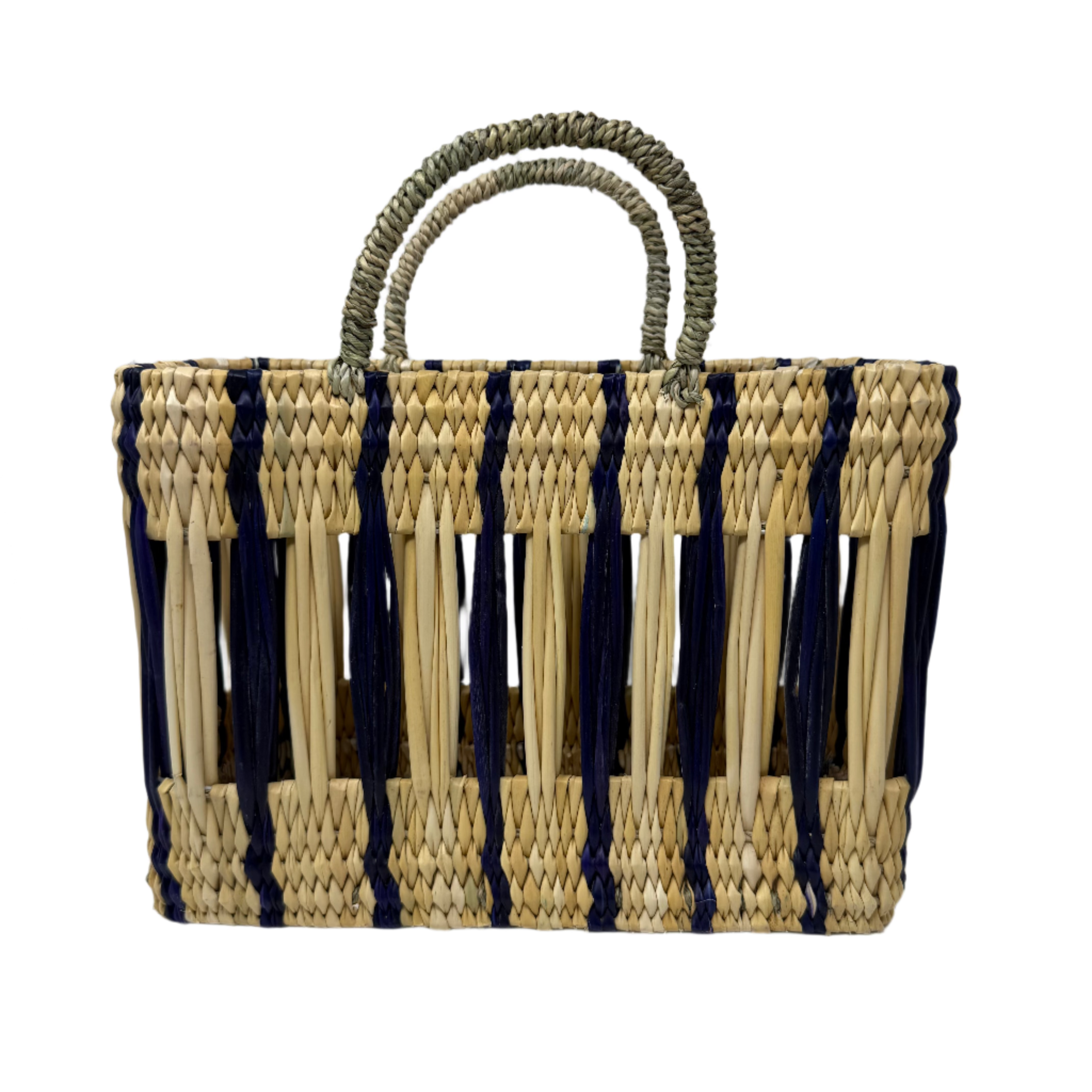Essaouira Reed Basket Bag – Dark Blue Stripe