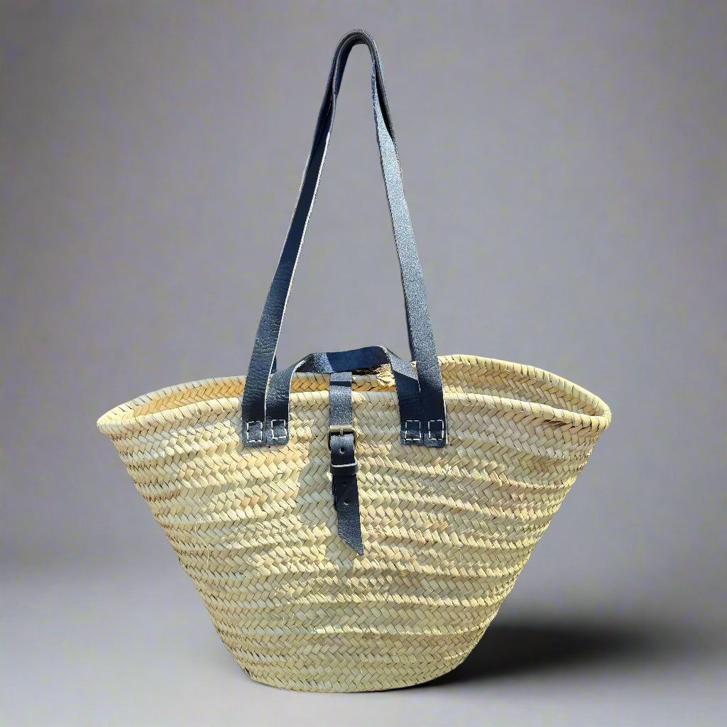 French Market Basket with Leather Handles – Handmade Palm Leaf Tote