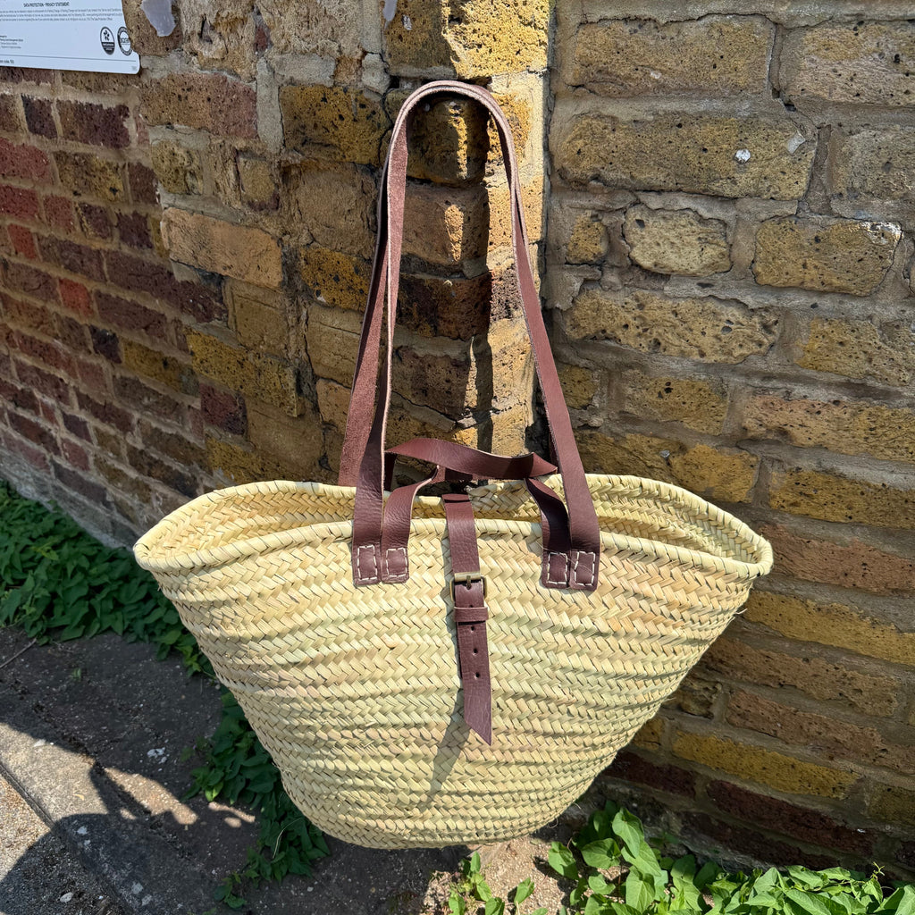 French Market Basket with Leather Handles – Handmade Palm Leaf Tote