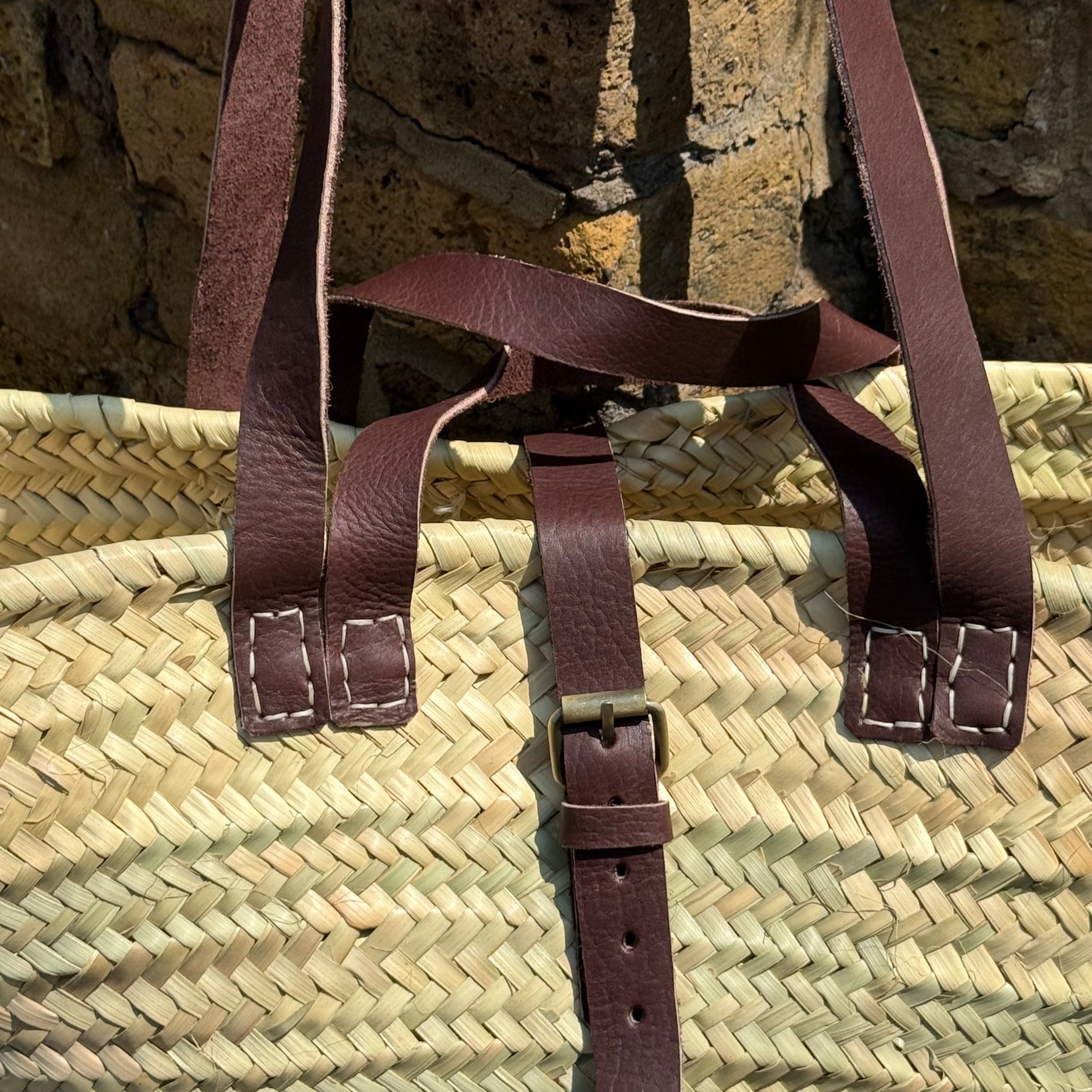 French Market Basket with Leather Handles – Handmade Palm Leaf Tote