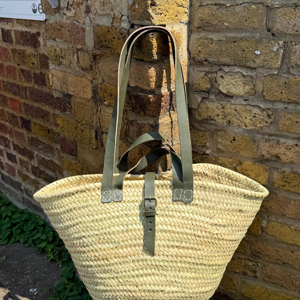 French Market Basket with Leather Handles – Handmade Palm Leaf Tote