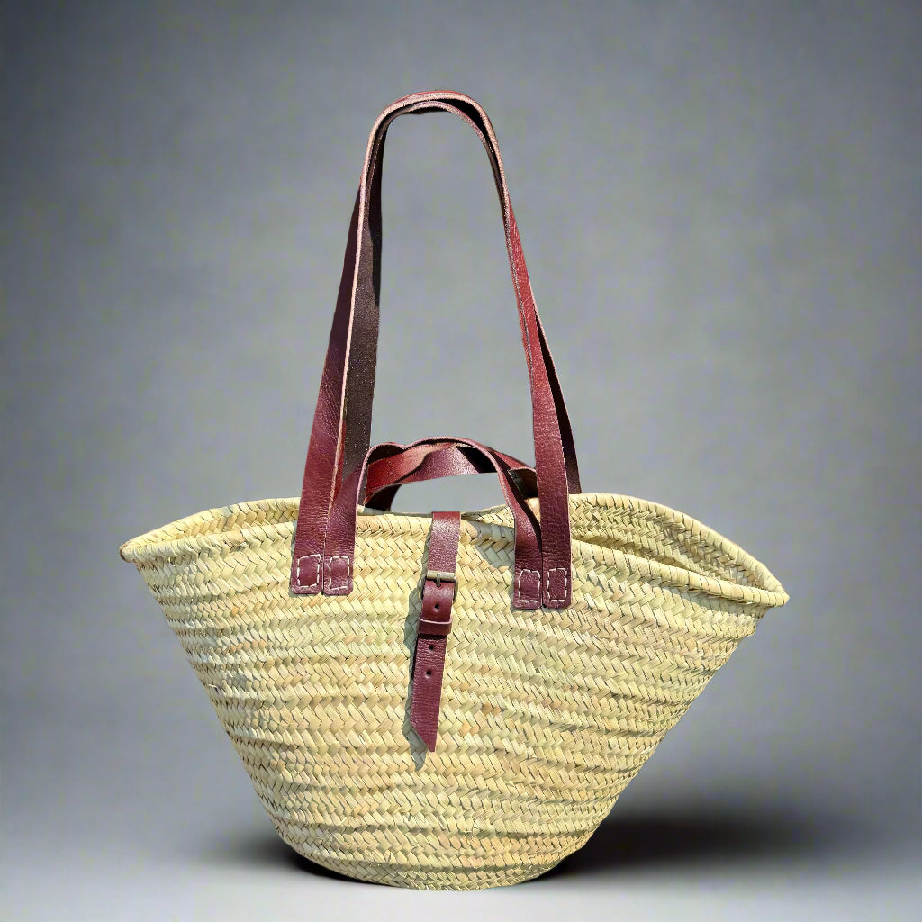 French Market Basket with Leather Handles – Handmade Palm Leaf Tote