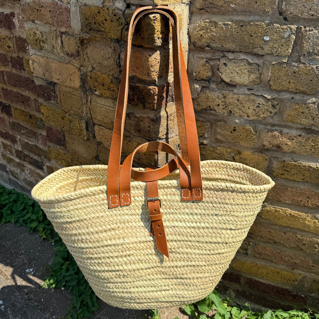 French Market Basket with Leather Handles – Handmade Palm Leaf Tote