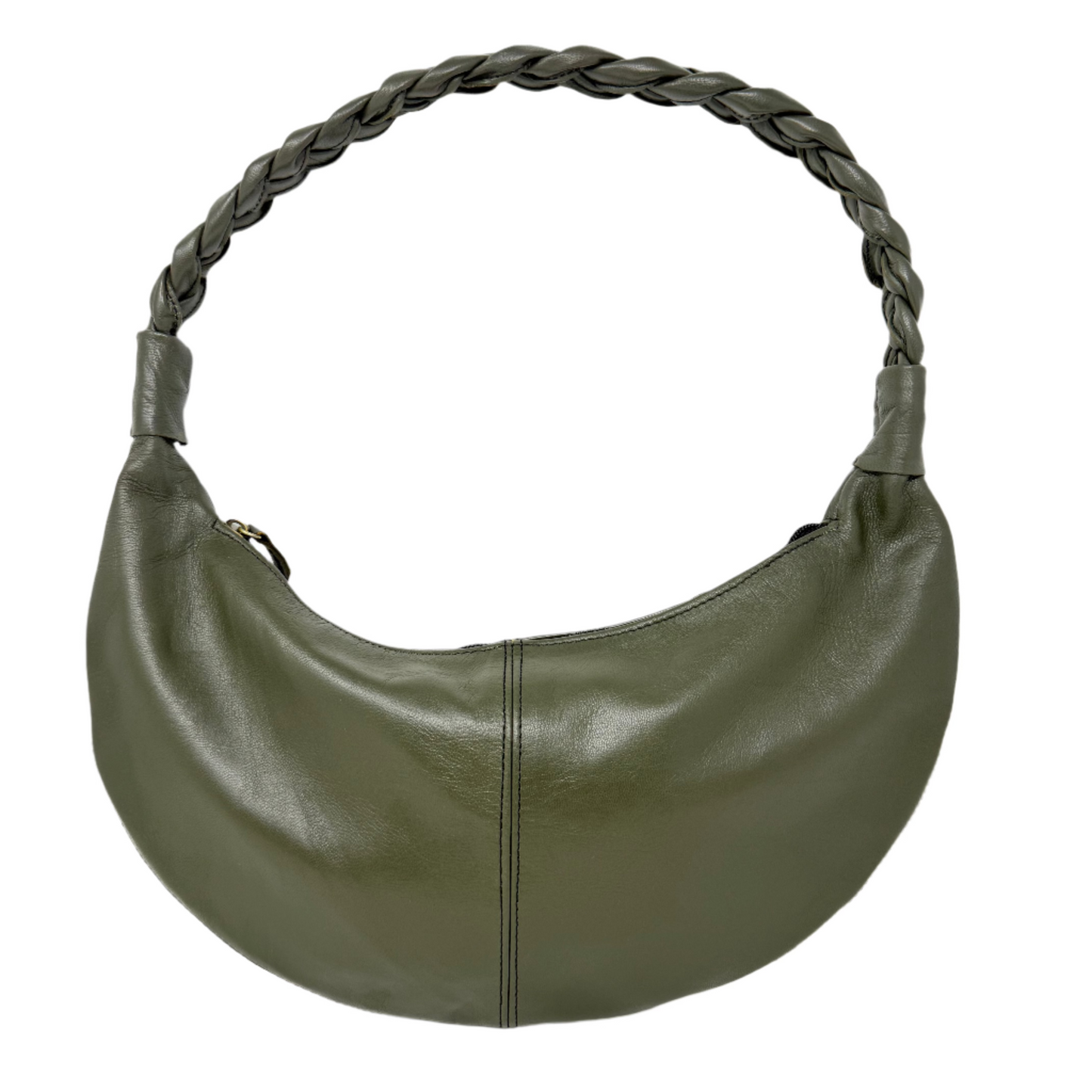 Olive Green Half Moon Leather Shoulder Bag – Handmade with Braided Handle
