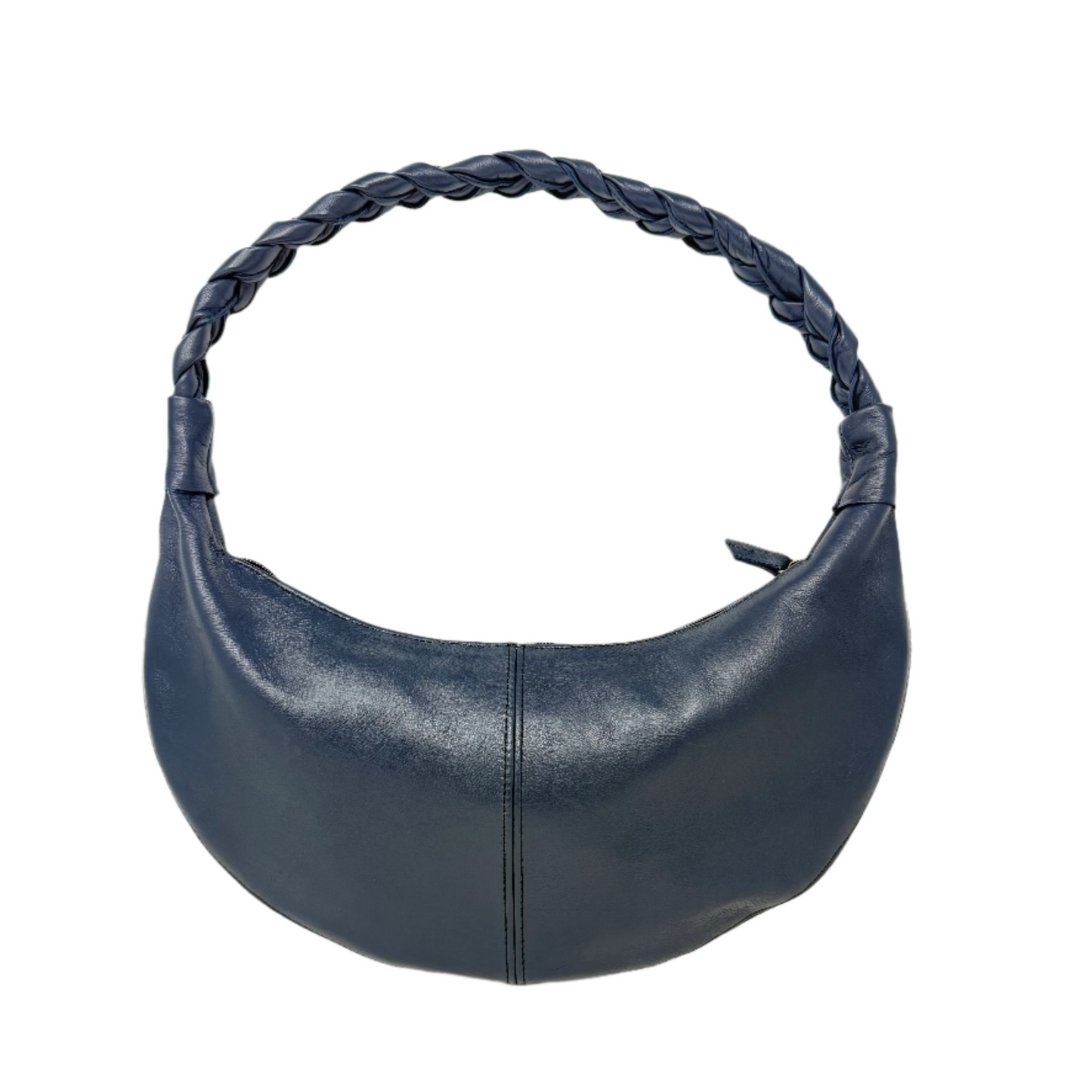 Navy blue Half Moon Leather Shoulder Bag – Handmade with Braided Handle