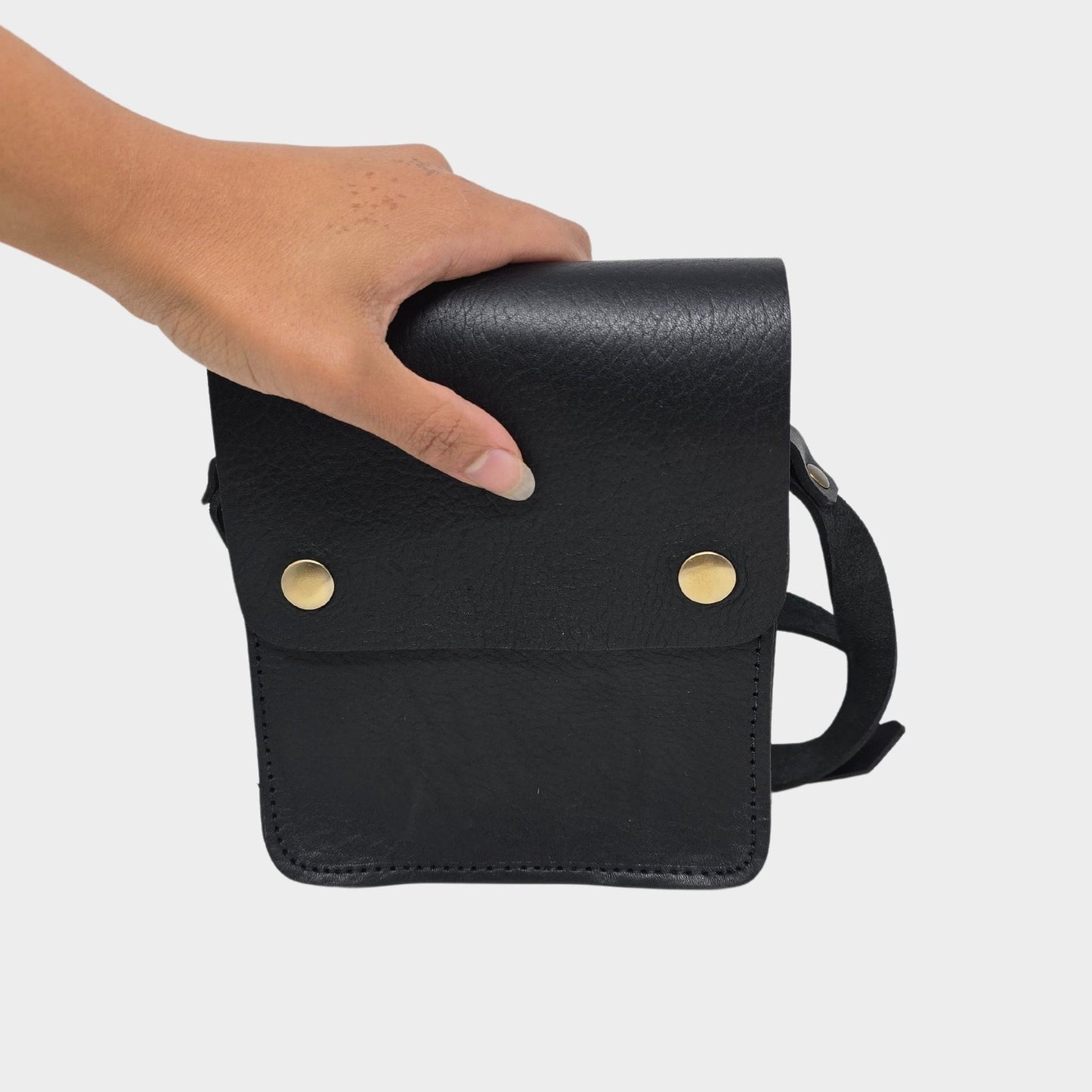 Black Small Leather Crossbody Bag with Pop Bag Closure - Artisan Stories