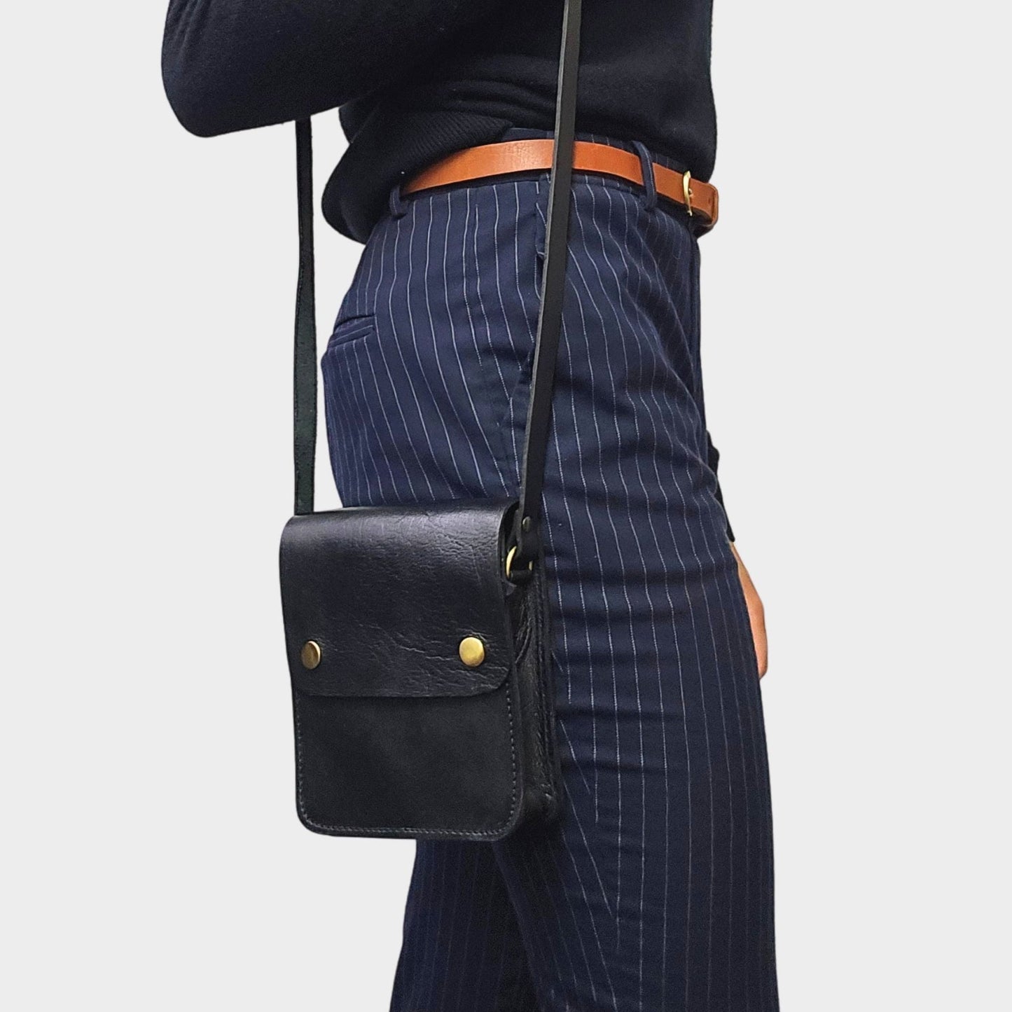 Black Small Leather Crossbody Bag with Pop Bag Closure - Artisan Stories