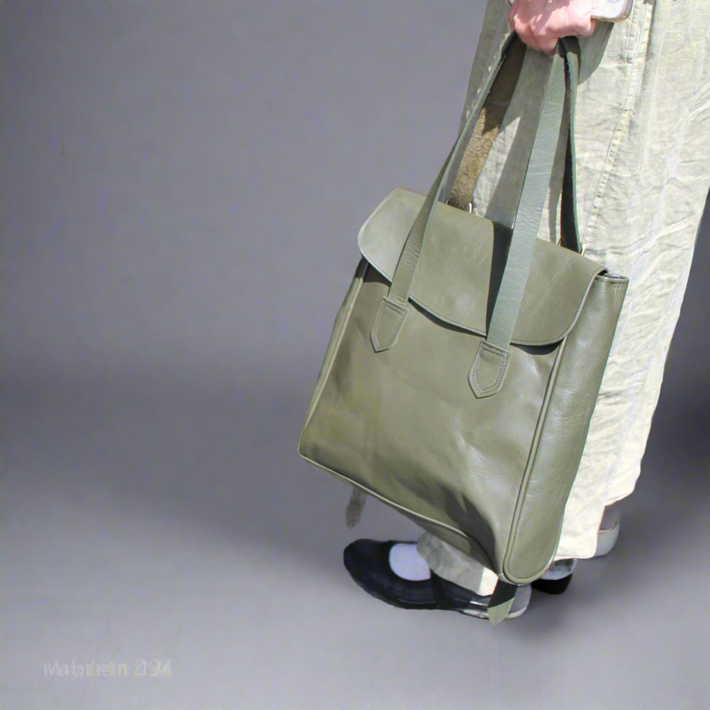 Leather Tote Backpack Cleo Army green