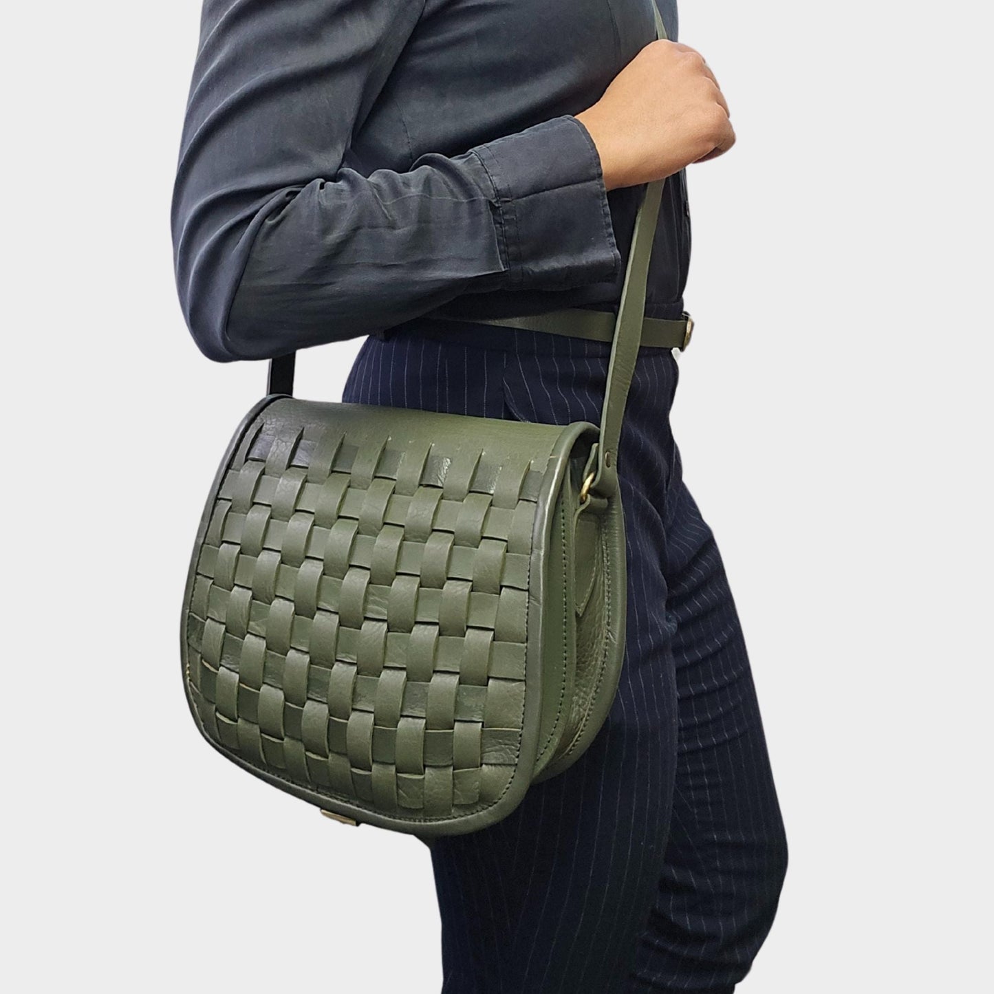Leather Sam Woven Saddle Bag - green - Artisan Stories