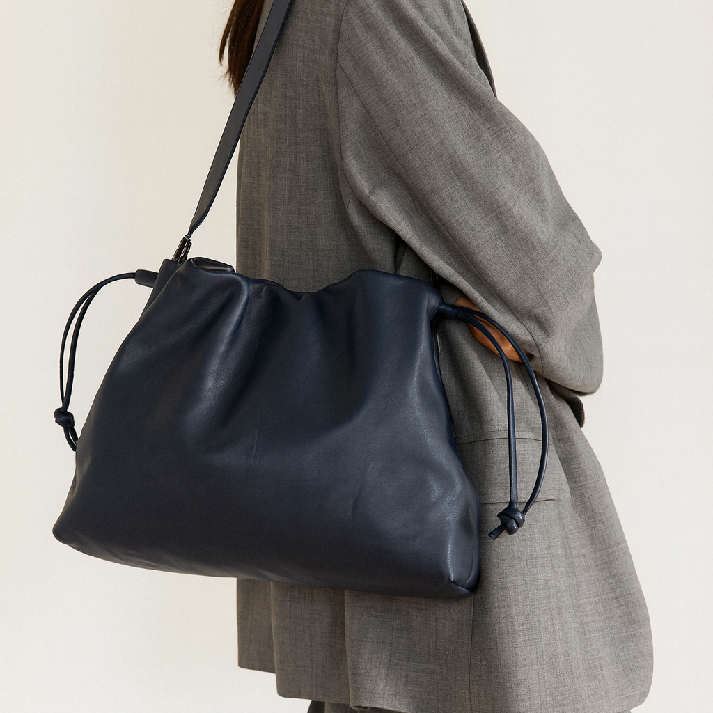 Navy Blue Artisan Slouch Bag with Drawstring