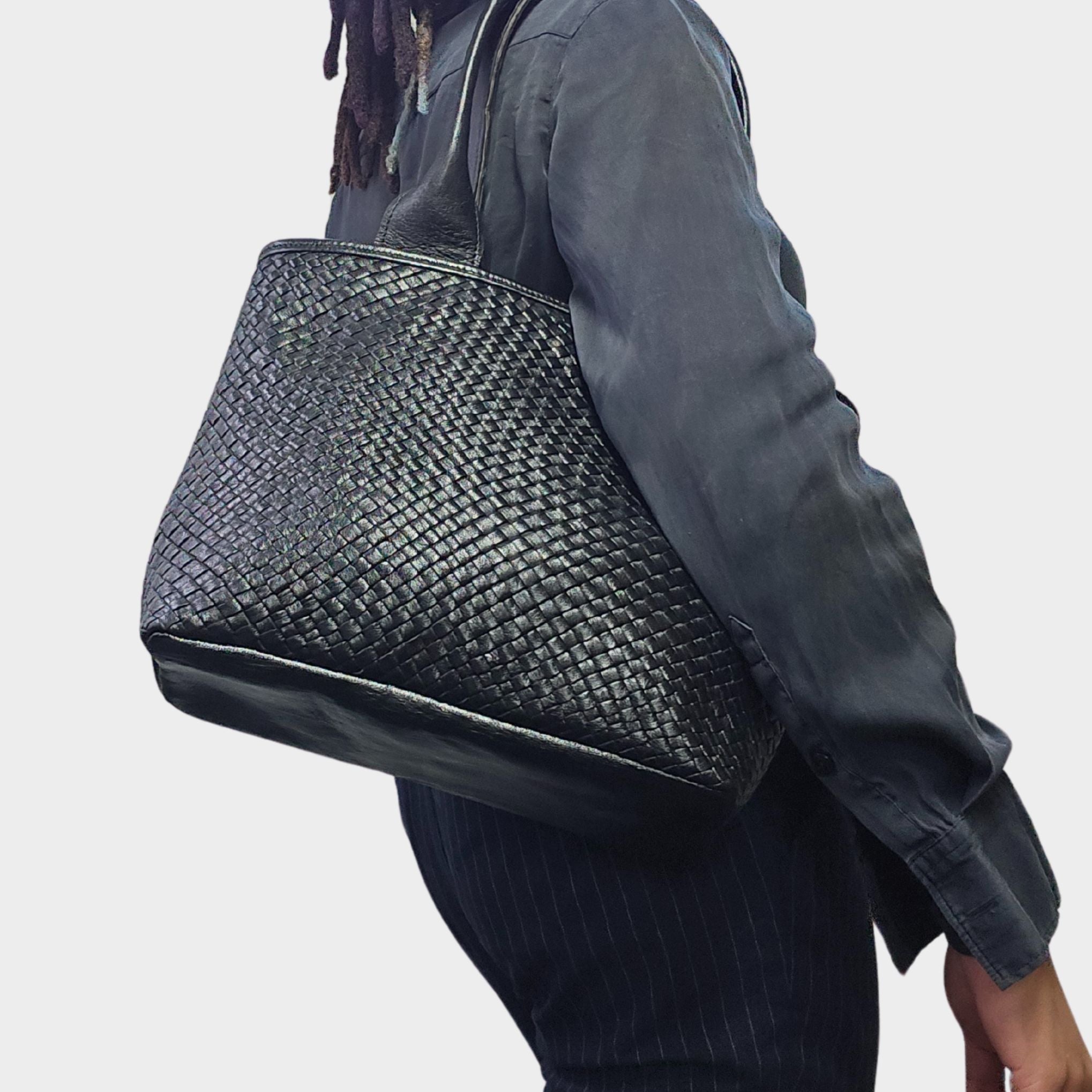 Woven Leather Tote Handbag Black - Artisan Stories