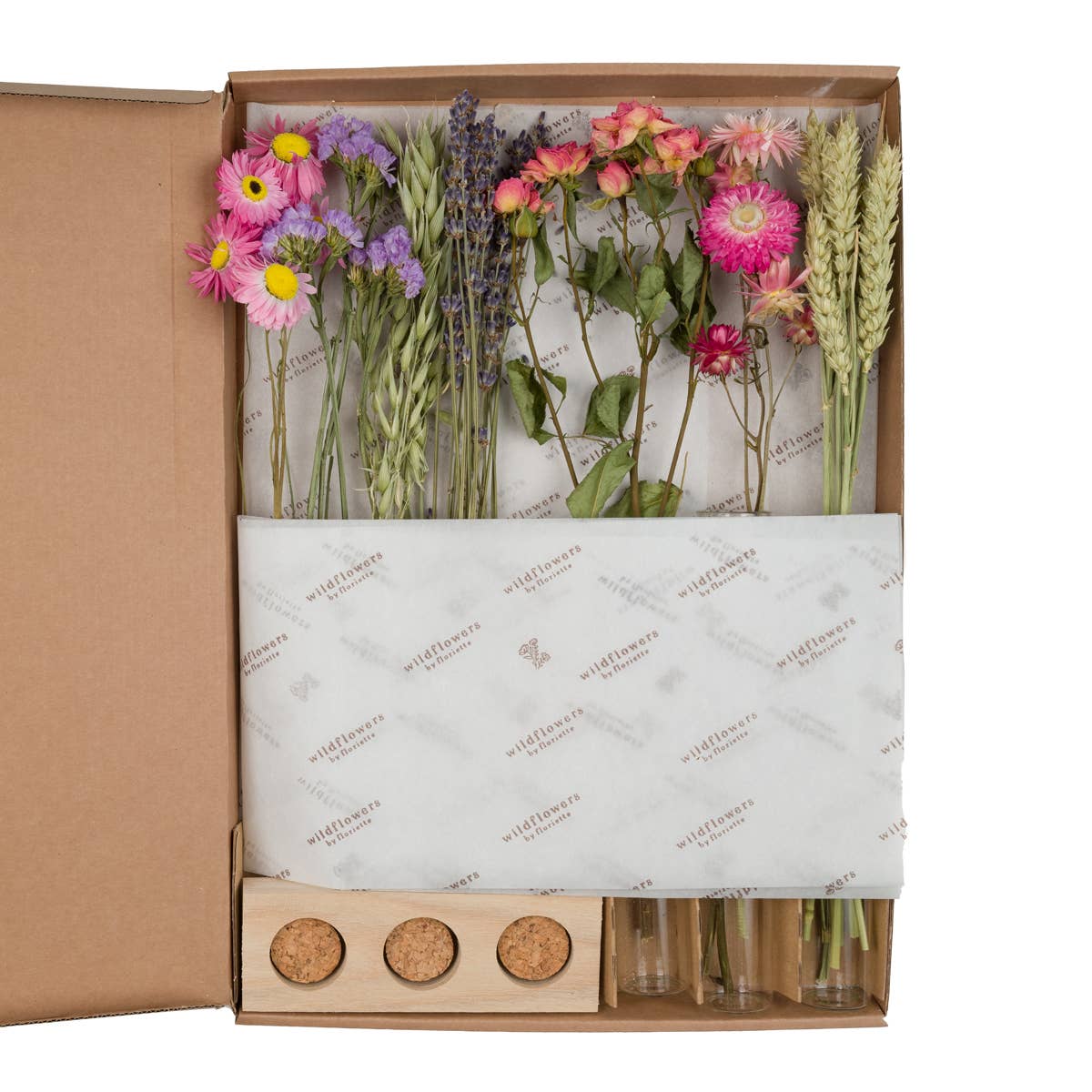 Pink Dried Flower Display Set with Wooden Stand & Mini Glass Vases – Letterbox Gift