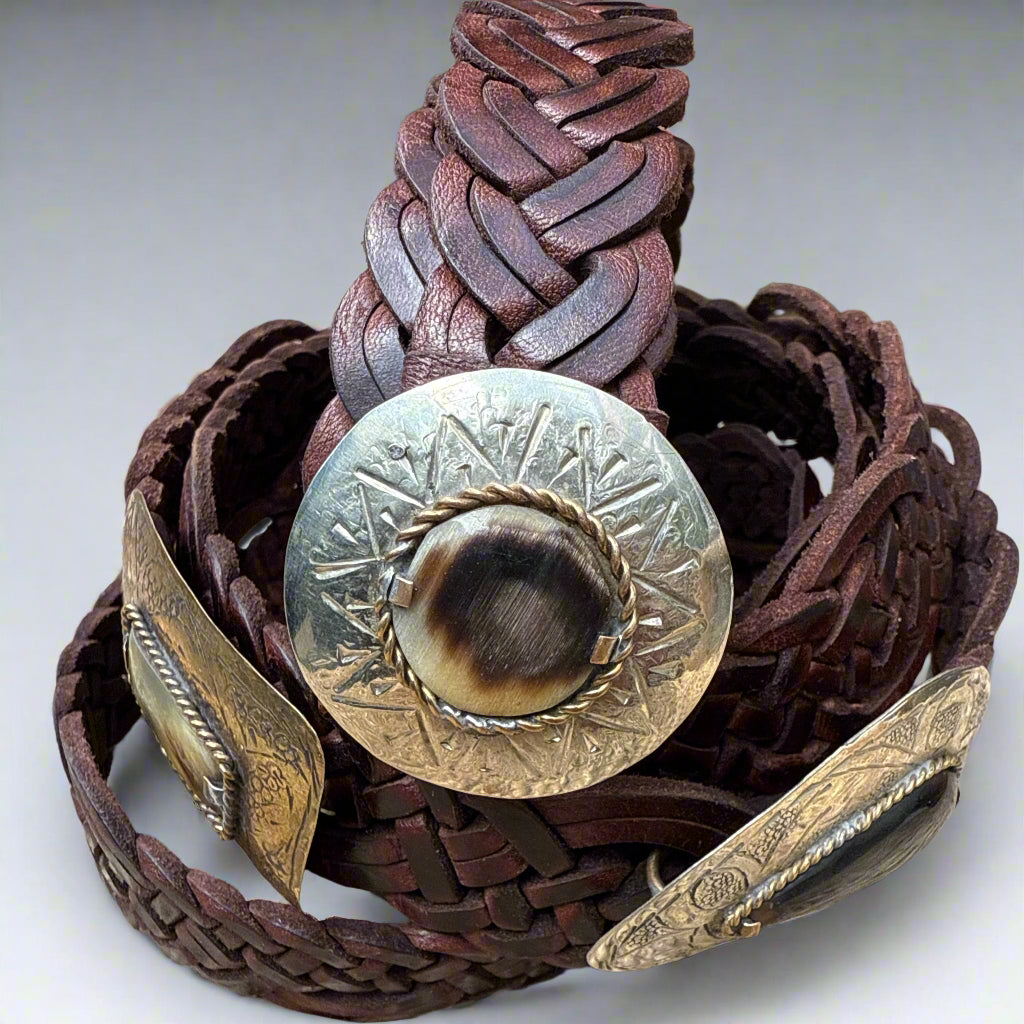 Dark Brown Braided Leather Belt with handcrafted Silver Buckle – Handmade in Morocco
