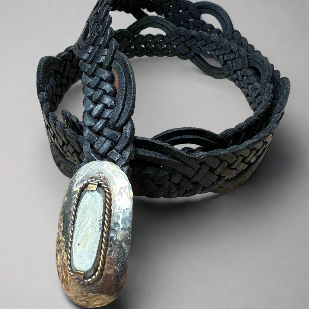 Black Braided Leather Belt with handcrafted Silver Buckle – Handmade in Morocco