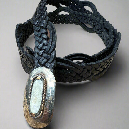 Black Braided Leather Belt with handcrafted Silver Buckle – Handmade in Morocco