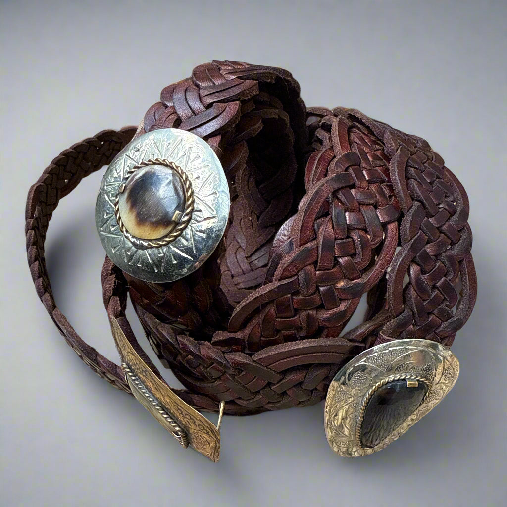 Dark Brown Braided Leather Belt with handcrafted Silver Buckle – Handmade in Morocco