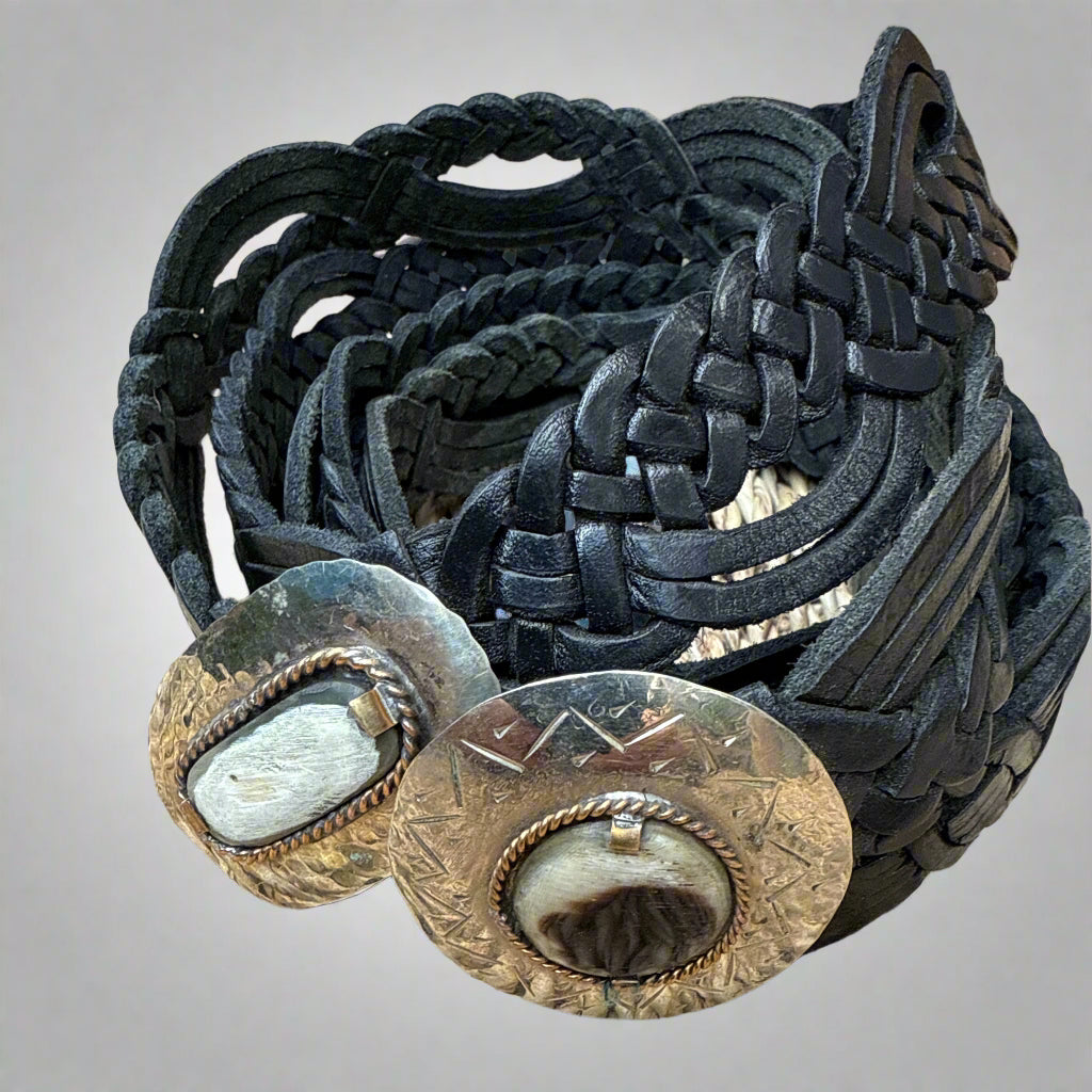 Black Braided Leather Belt with handcrafted Silver Buckle – Handmade in Morocco