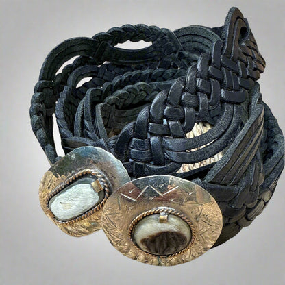 Black Braided Leather Belt with handcrafted Silver Buckle – Handmade in Morocco