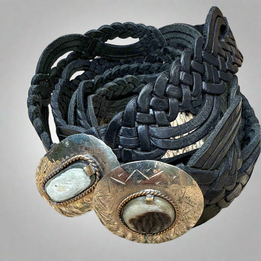 Black Braided Leather Belt with handcrafted Silver Buckle – Handmade in Morocco