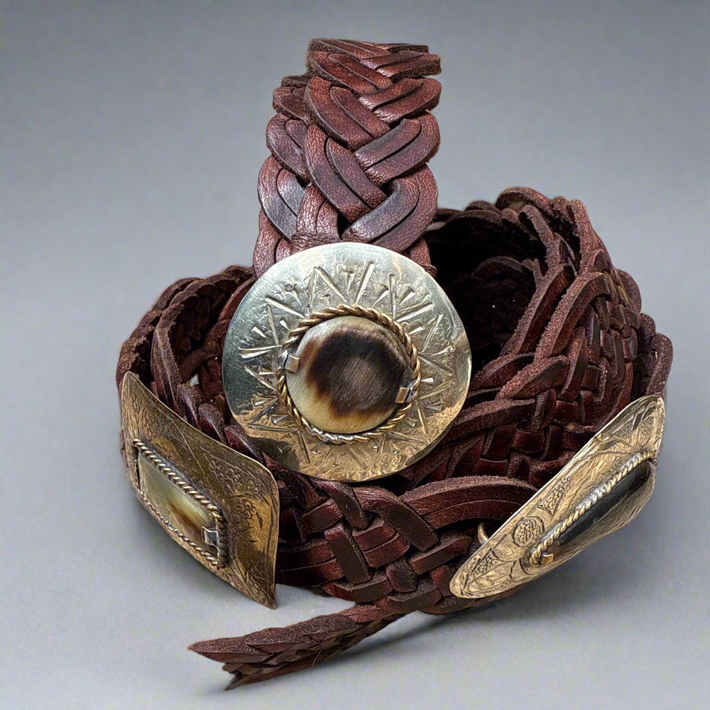 Dark Brown Braided Leather Belt with handcrafted Silver Buckle – Handmade in Morocco