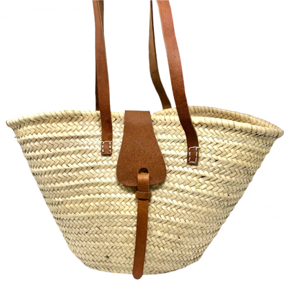 Handwoven Moroccan Palm Basket – Leather Straps & Loop Closure