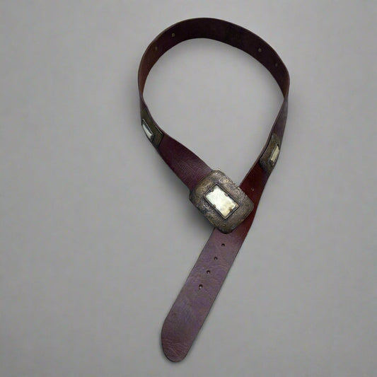 Chocolate Brown Leather Belt – Antique rectangle Brass Buckle & Horn Detail