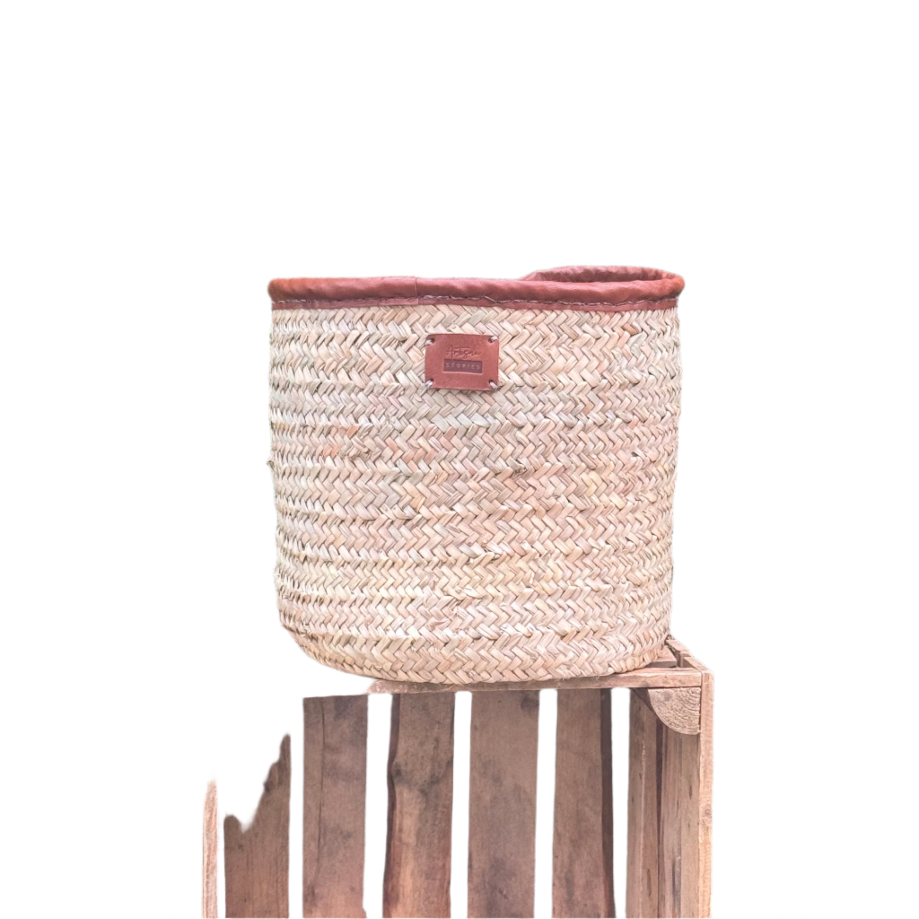 Handwoven Palm Leaf Storage Basket with Handstitched Leather Trim – 30cm