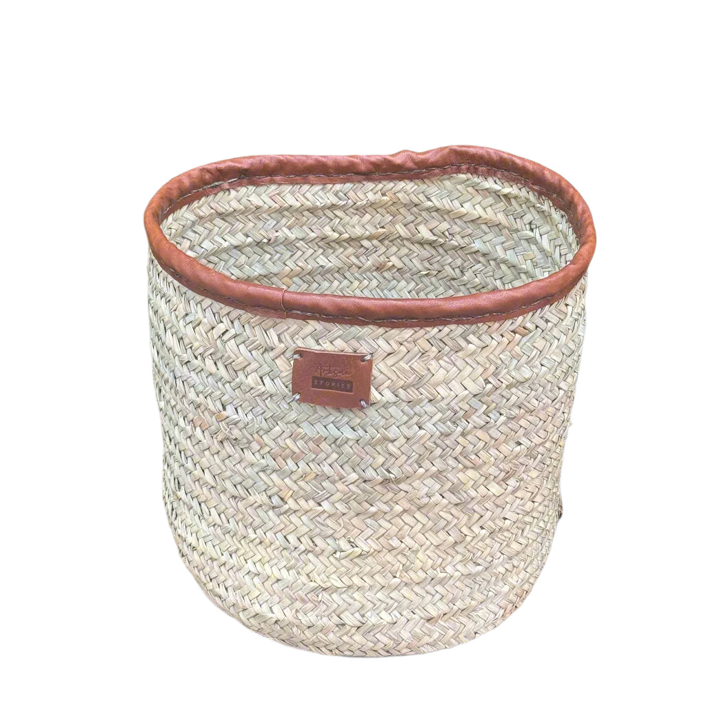 Handwoven Palm Leaf Storage Basket with Handstitched Leather Trim – 30cm