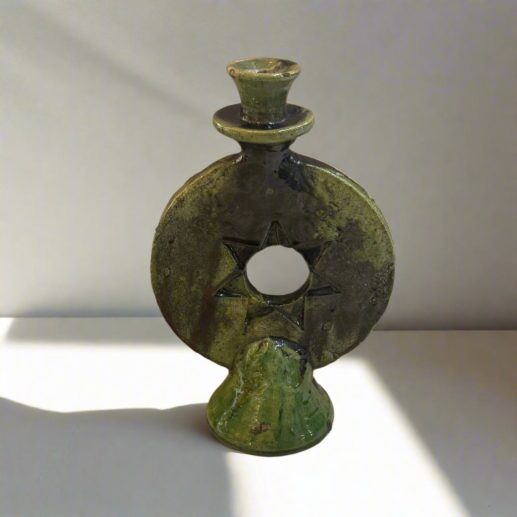 Round Sun Tamegroute Candle Holder – Handcrafted Moroccan Green Pottery