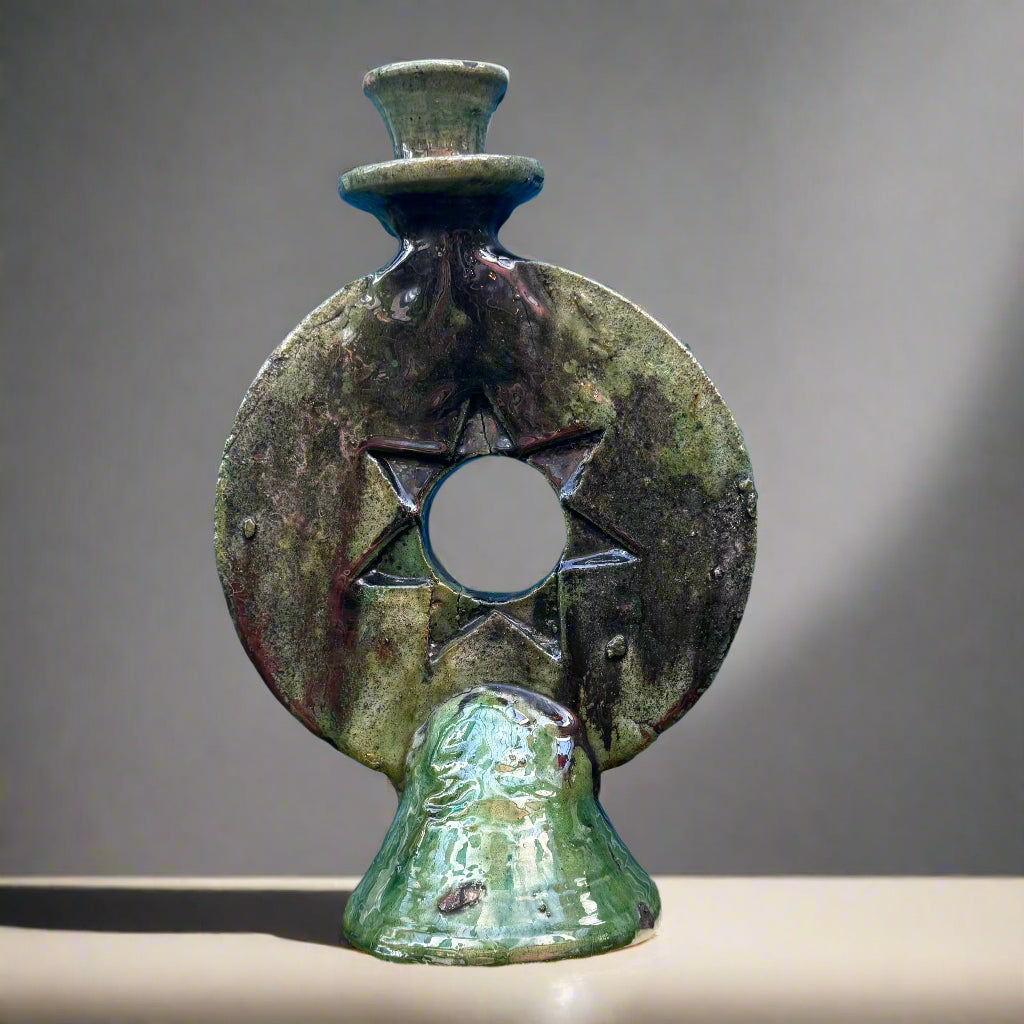 Round Sun Tamegroute Candle Holder – Handcrafted Moroccan Green Pottery