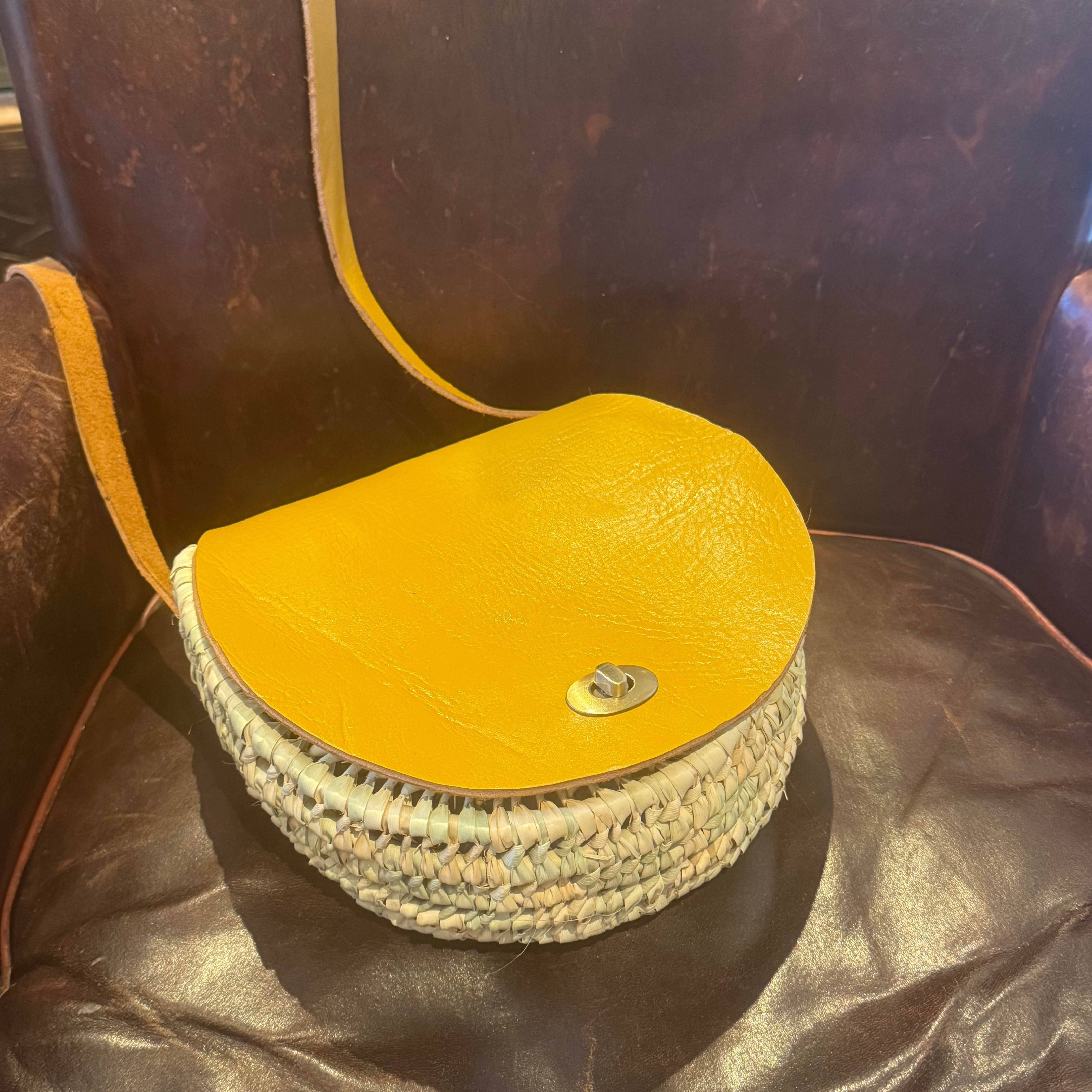 Handwoven Palm Leaves & Leather wicker Saddle Bag