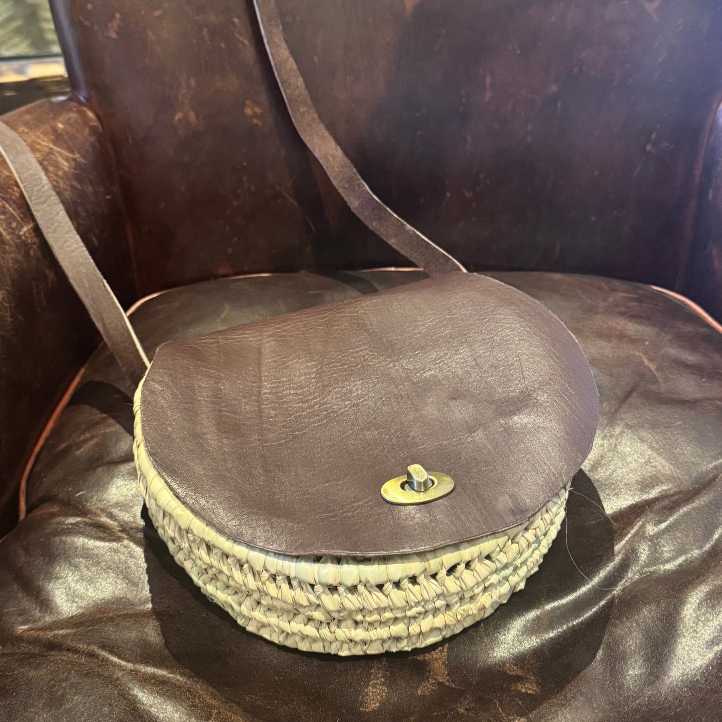 Handwoven Palm Leaves & Leather wicker Saddle Bag