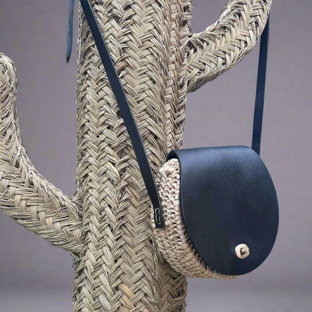 Handwoven Palm Leaves & Leather wicker Saddle Bag