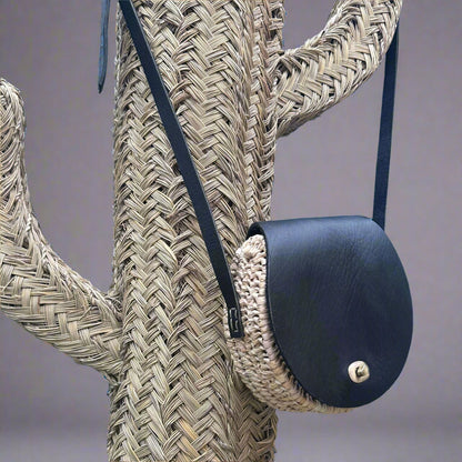 Handwoven Palm Leaves & Leather wicker Saddle Bag