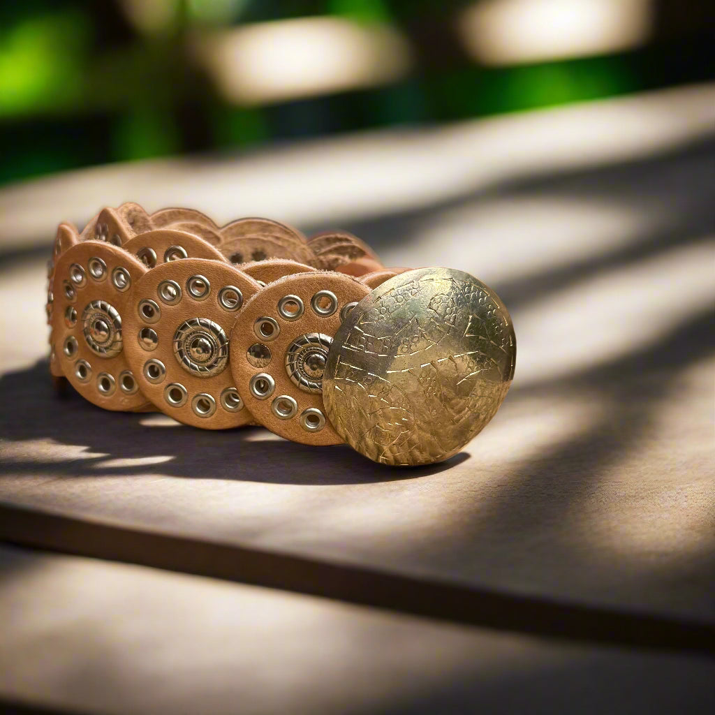 Natural Boho Leather Belt with Small Discs – Handmade Wide Festival Belt