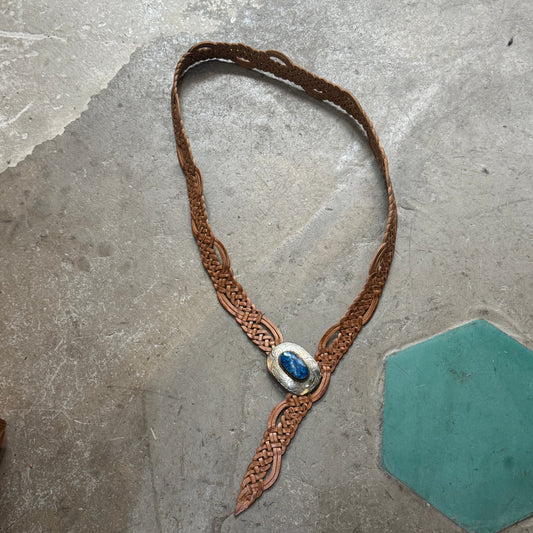 Moroccan Braided Leather Belt – Tan with Decorative Buckle & blue resin detail