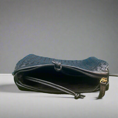 Simone Leather Woven Crossbody Handbag – Black – Handmade Full Grain Leather