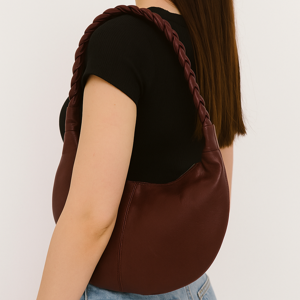 Burgundy Half Moon Leather Shoulder Bag – Handmade with Braided Handle