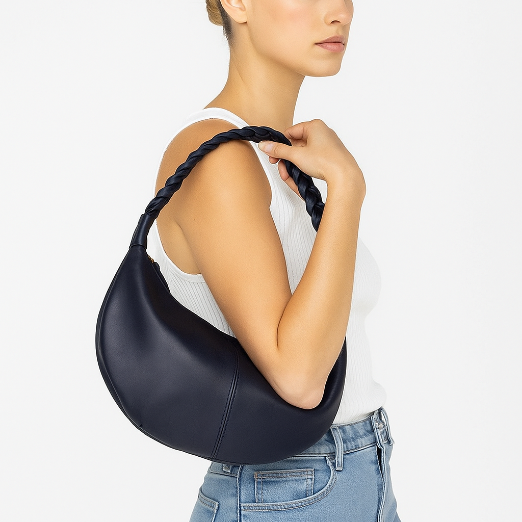 Black Half Moon Leather Shoulder Bag – Handmade with Braided Handle